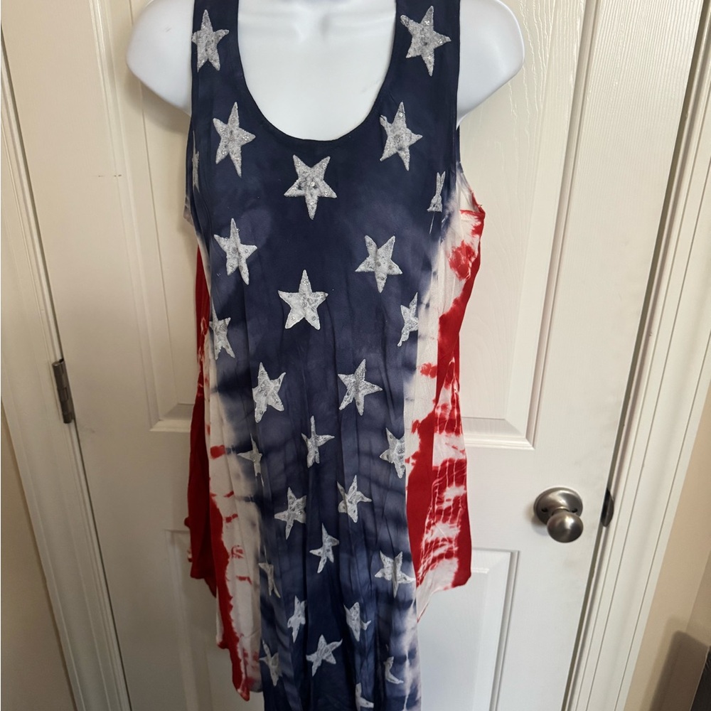 Seven Islands Womens OS Tie Dye Sleeveless Top Red White Blue Flag USA Stars NWT